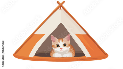 The image is a digital illustration depicting a young orange and white tabby kitten lying inside a small, orange and beige canvas teepee tent. The kitten is positioned centrally, looking directly.