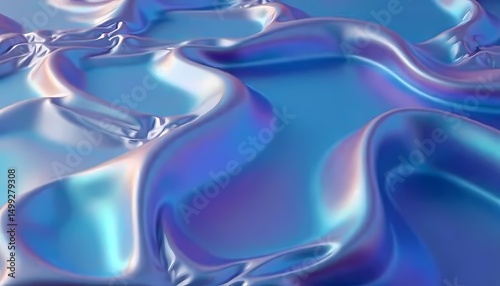 Abstract blue and purple waves flowing over soft satin fabric texture with a silky, fluid design