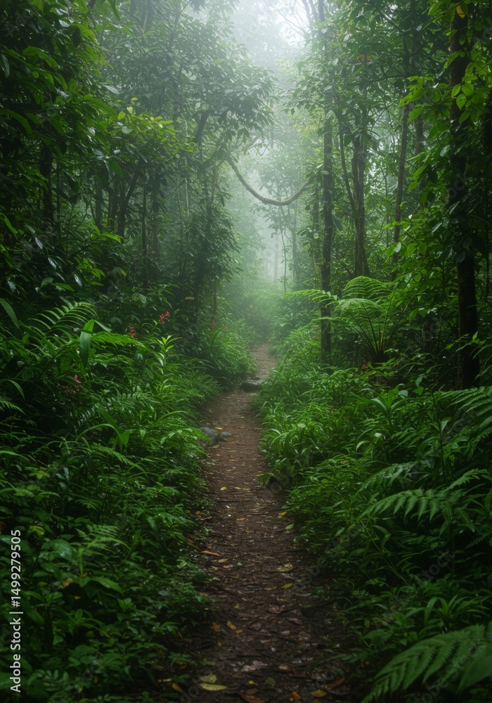 Obraz premium Misty Forest Path: Lush Green Tropical Jungle Trail