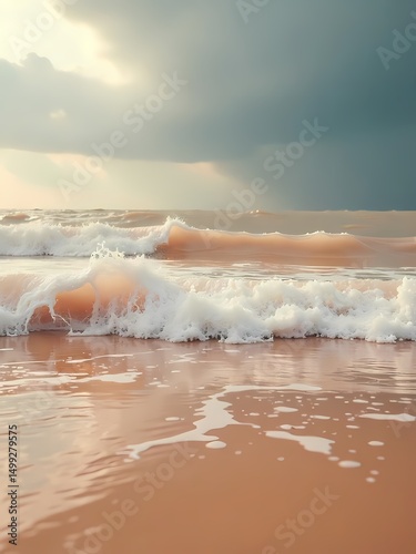 Sunset view over the ocean waves at the beach during a calm summer evening