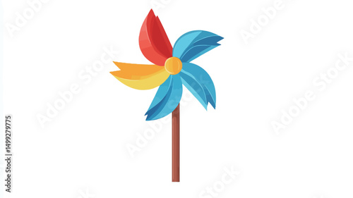 Close-up shot of a paper pinwheel toy against a white background. The pinwheel features four blades in shades of red, blue, and yellow, radiating from a central yellow circle. The blades are.