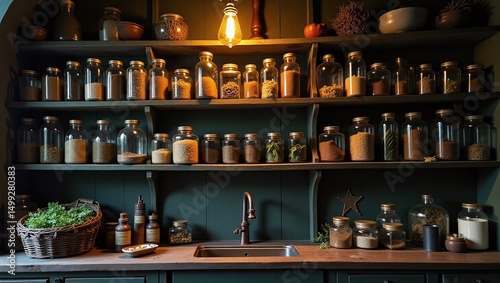 Wallpaper Mural Vintage Pantry with Assorted Dried Goods in Jars on Shelves and Herbs in Wicker Basket Torontodigital.ca