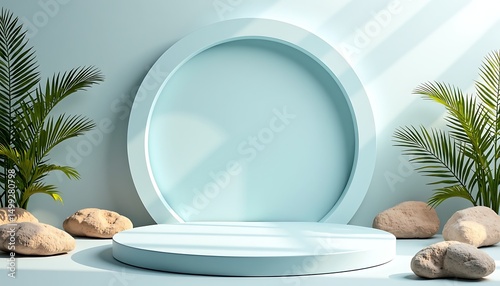 Minimalist Podium Stage: A clean, contemporary product display podium bathed in natural light, offering a serene and elegant backdrop for showcasing products with style.