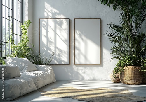 Living room mockup with empty frames sofa and lush greenery

 photo