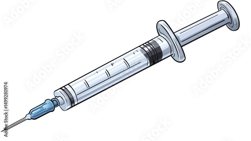 Close-up, digitally rendered illustration of a medical syringe. The syringe is depicted at a slight angle, showcasing its transparent barrel with visible graduations indicating measurement.