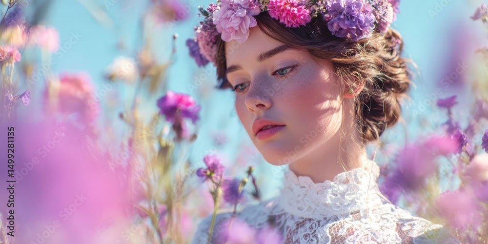 Naklejka premium Elegant Bride in White Lace Dress and Floral Crown in Sunny Field