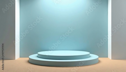 Pastel Blue Minimalist Podium: A serene and minimalist scene features a two-tiered, pastel blue cylindrical podium set against a light blue wall, perfect for showcasing products or branding.