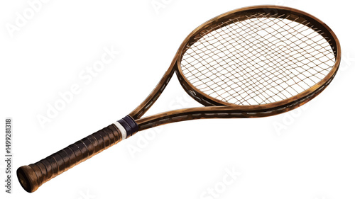 Close-up studio shot of a vintage wooden tennis racquet against a pure white background. The racquet exhibits a rich, dark brown hue with a visible wood grain texture throughout the frame.