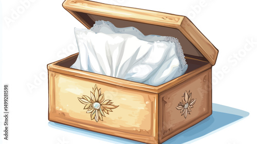 The image presents a digital illustration of an ornate wooden tissue box. The box is rectangular with a light beige or tan wood grain texture, depicted with a slightly rough and painterly style.