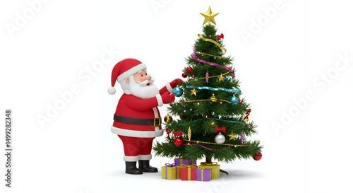 Santa decorating a Christmas tree.