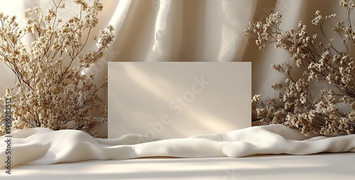 Blank rectangular card mockup with draped fabric and dried flowers

 photo