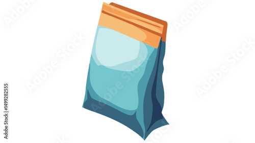 Isometric illustration of a stand-up pouch with a blue primary color and orange zipper/seal at the top. The pouch is depicted against a clean white background, providing a clear and isolated view.