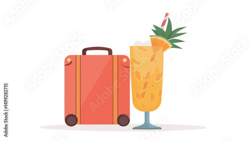 The image is a vector illustration featuring a coral-red wheeled suitcase positioned to the left and a tall glass filled with a vibrant orange tropical cocktail to the right.