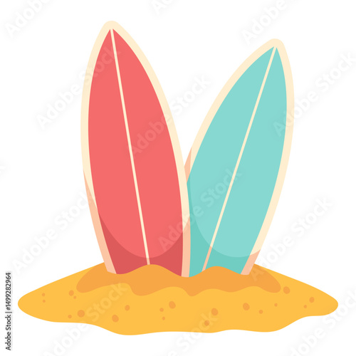 Surfboards in sand on white background, bright summer beach design for travel posters and vacation images