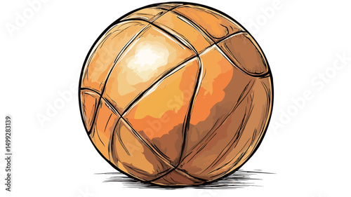 A digital illustration depicting a vintage leather ball, possibly a basketball, rendered in a hand-drawn style. The ball is predominantly orange-brown, exhibiting a textured surface with visible.