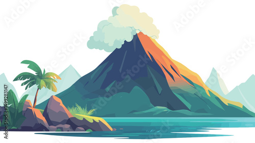 The image is a digital illustration depicting a vibrant tropical landscape featuring a prominent volcano with a plume of smoke emanating from its peak. The volcano is rendered in shades of dark.