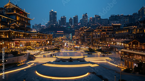 Empty square floors and modern city buildings at night in Chongqing