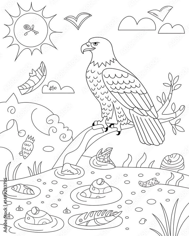 Fototapeta premium Black and white coloring page depicting a majestic bald eagle perched beside a pond with other nature elements for american 4th of july