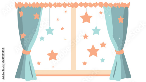 A digital illustration depicts a window adorned with light teal curtains tied back with matching ribbons. The curtains feature a delicate, scalloped top edge in a lighter peach shade.