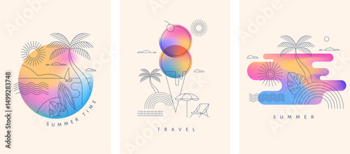 Beach party and summer vacation line art with neon color gradient