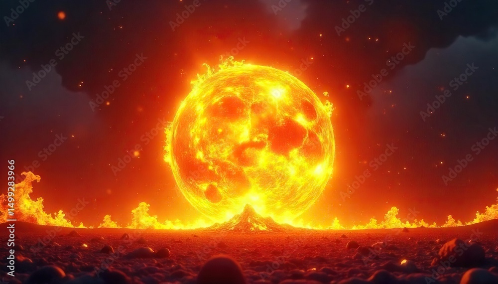 Obraz premium A fiery, blazing fireball erupts, engulfing the scene in intense heat and light Ideal for illustrating concepts of power, energy, destruction, or fiery passion , flare, bright
