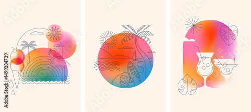 Tropical beach party and summer vacation line art with color gradient
