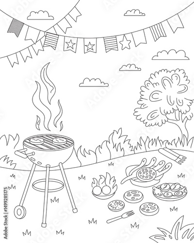 Black and white illustration of a barbecue scene with grilling food and decorative bunting perfect for 4th of july celebrations.