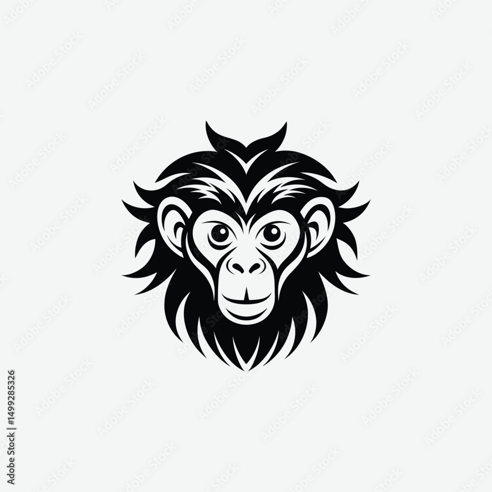 Fototapeta premium Abstract Monkey Face Silhouette with Flowing Mane – Tribal Art Style in Black and White Design