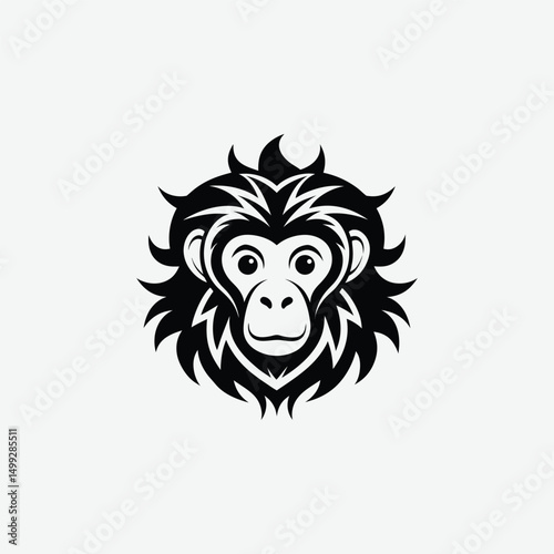 Abstract Monkey Face Silhouette with Flowing Mane – Tribal Art Style in Black and White Design