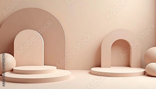 Pastel Product Display: Elegant neutral-toned 3D rendering of two stepped display podiums with archways, perfect for showcasing products or branding.