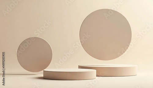 Minimalist Stage for Product Presentation: Clean, geometric forms create a serene backdrop for showcasing products. With elegant platforms and circular shapes.