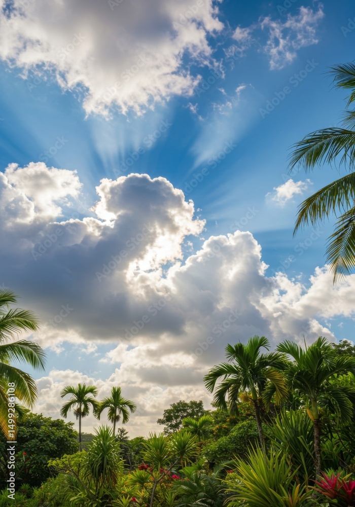 Naklejka premium Sunbeams Through Tropical Cloudscape