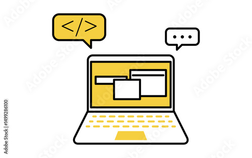 ノートパソコンでプログラミングするシンプルな線画アイコン