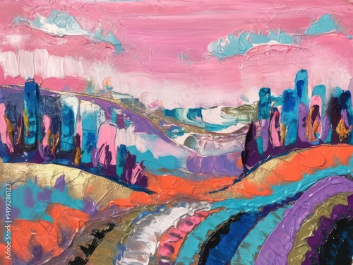 Dreamy abstract landscape with vibrant colors and textured brushstrokes photo