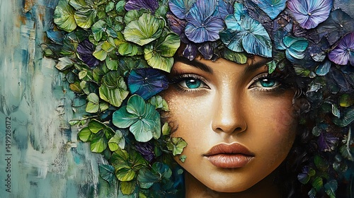 Woman adorned with lush greenery poses gracefully natural elegance calm for enchanted flora harmony and beauty in botanical portrait concept.