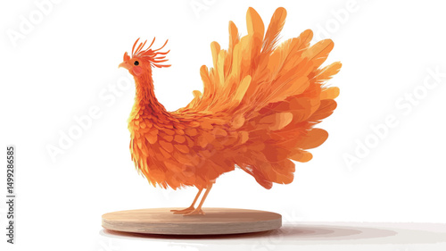 The image showcases a meticulously crafted figurine resembling a stylized bird, predominantly orange in hue. The figurine is characterized by an exaggerated, fan-like tail composed of numerous