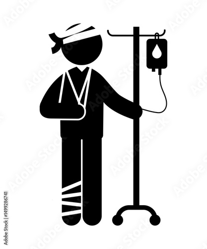 Stick figure stickman icon, human silhouette wears a sling and bandages on his head and legs and is on an IV drip.