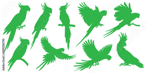 Green parrot silhouette set green version vector illustration