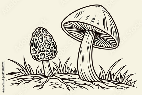 Mushrooms set. Hand drawn growing mushroom, mycelium in vintage engraving style. Sketch vector illustration
