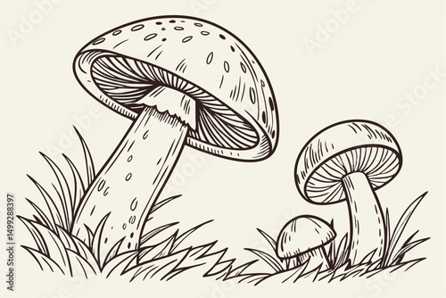 Mushrooms set. Hand drawn growing mushroom, mycelium in vintage engraving style. Sketch vector illustration
