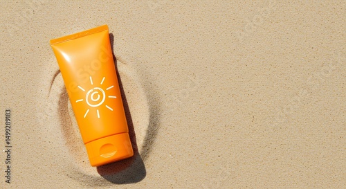 tube of sunscreen on sandy beach top view. unbranded skincare bottle full of sunscreen for protection against ultraviolet radiation. Unbranded sunscreen bottle in sand during summertime. Sun cream