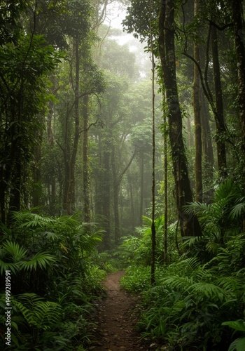 Lush Green Forest Path With Fog And Sunlight