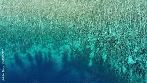 Aerial top down view of different shades of exotic crystal clear ocean water of Coral Triangle in Timor-Leste, Southeast Asia
