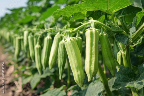 fresh okra plants growing in neat rows on sunny farm garden