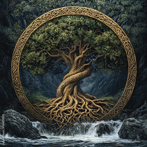 Intricately carved wooden tree with twisted roots and branches framed by circular Celtic knotwork design against green textured background. Generative by AI.