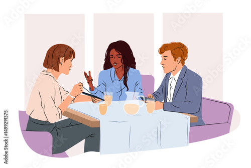Three diverse businesspeople having a discussion while sitting at a coffee table with drinks, in a modern flat design style, with a light indoor background. Vector illustration