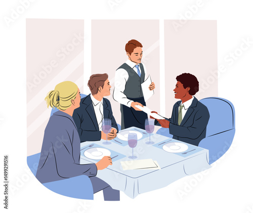 Group of businesspeople in formal wear sitting at a restaurant table with plates and glasses, interacting with a waiter in a modern flat style on white background. Vector illustration