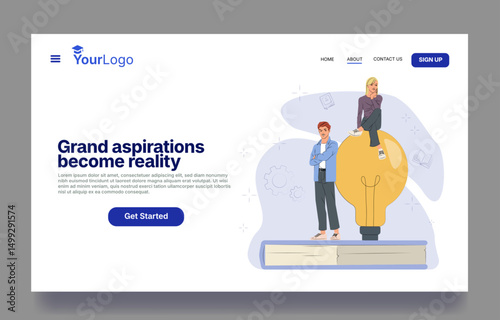 Business landing page with a man standing and woman sitting on a light bulb above a book, flat design style, white background, concept of innovation and startup. Vector illustration
