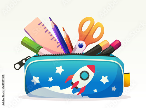 Colorful pencil case filled with various school supplies like scissors, pens, pencils, and a ruler, cartoon style on a white background. Vector illustration