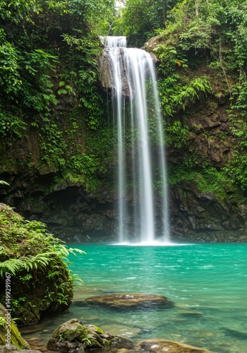Serene Waterfall in Lush Tropical Forest